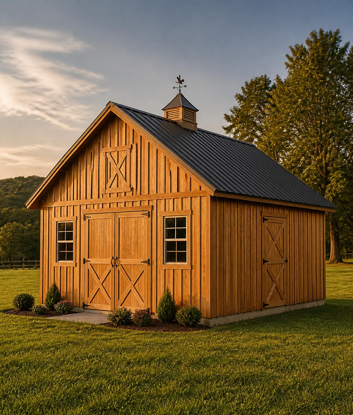 Finished Amish-built wooden barn storage building with black metal roof on a Tennessee lawn