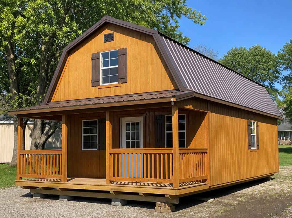 Amish-built lofted barn cabin with covered porch and gambrel metal roof