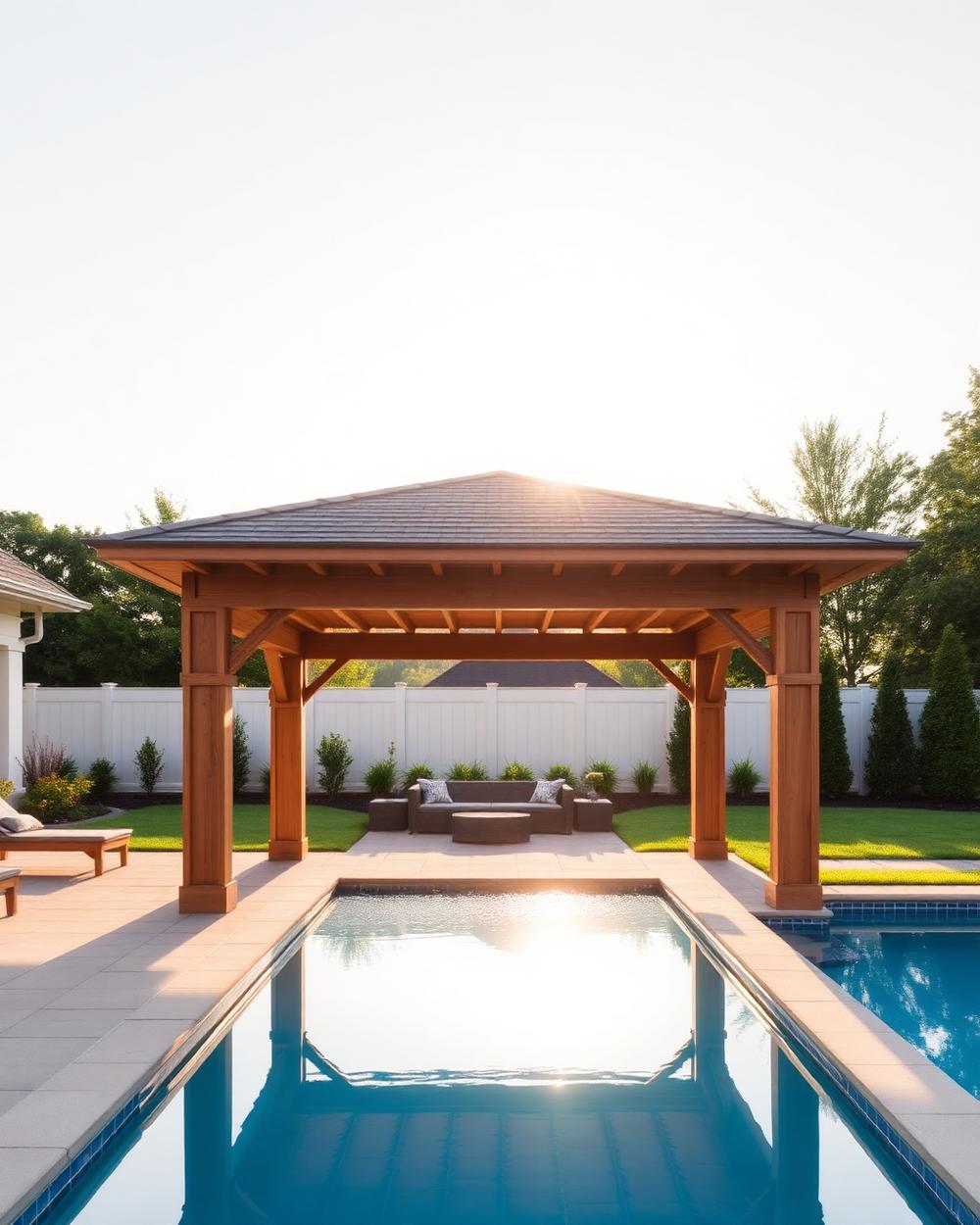 Timber pool shelter beside a backyard swimming pool