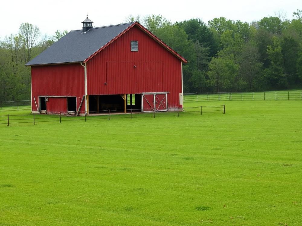 Red barn animal shelter in a fenced Tennessee pasture