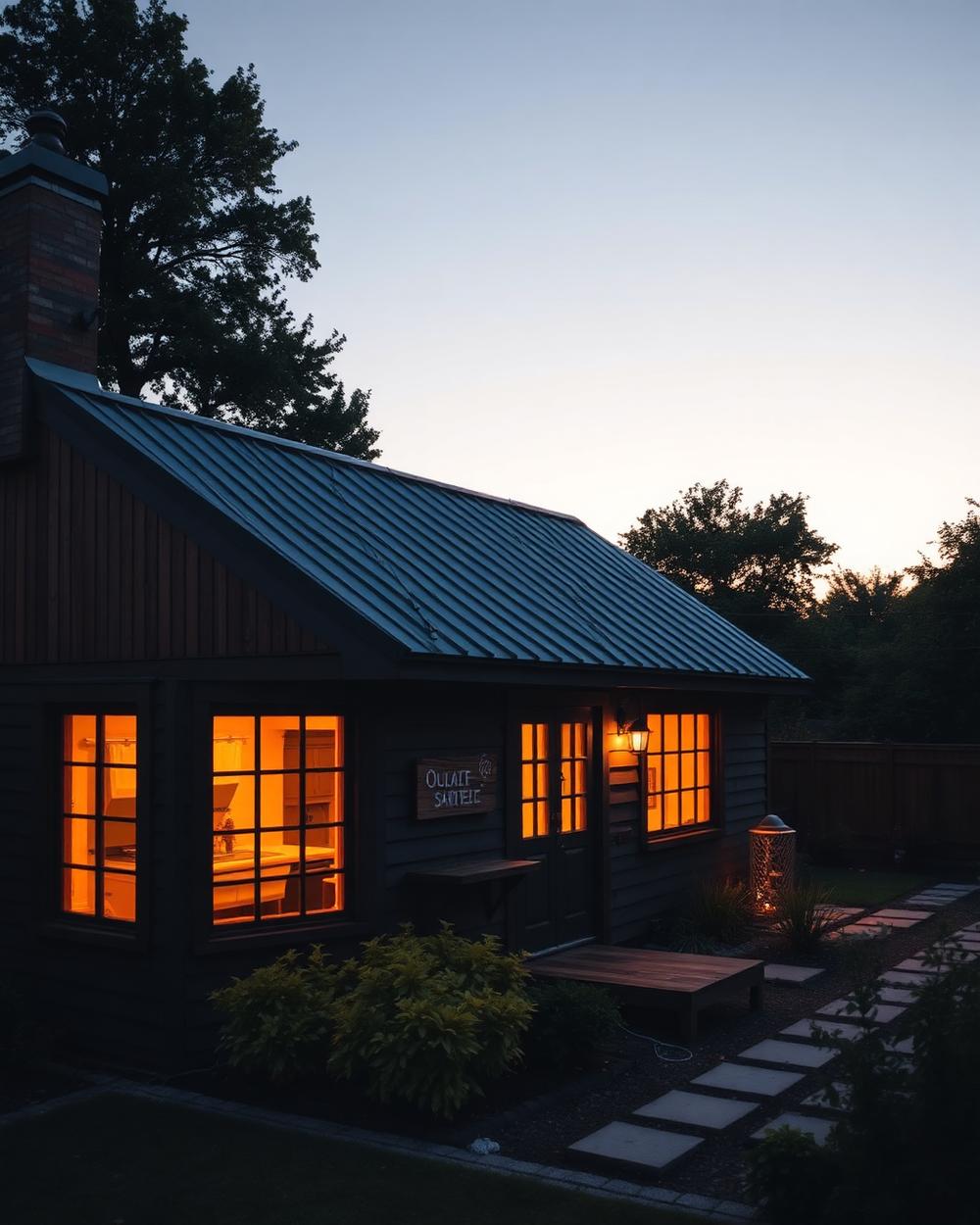 Backyard workshop building lit warmly at dusk